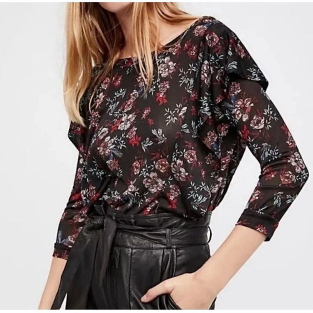 Free People Ruffle Floral Dock Street Black Blouse NEW Size XS 3/4 Sleeve